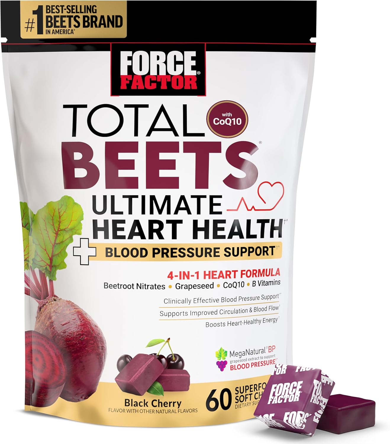 FORCE FACTOR Total Beets Ultimate Heart Health Blood Pressure Support Chews with CoQ10, Beet Root Powder, Grape Seed Extract, Blood Pressure Supplement for Circulation & Blood Flow, 60 Soft Chews